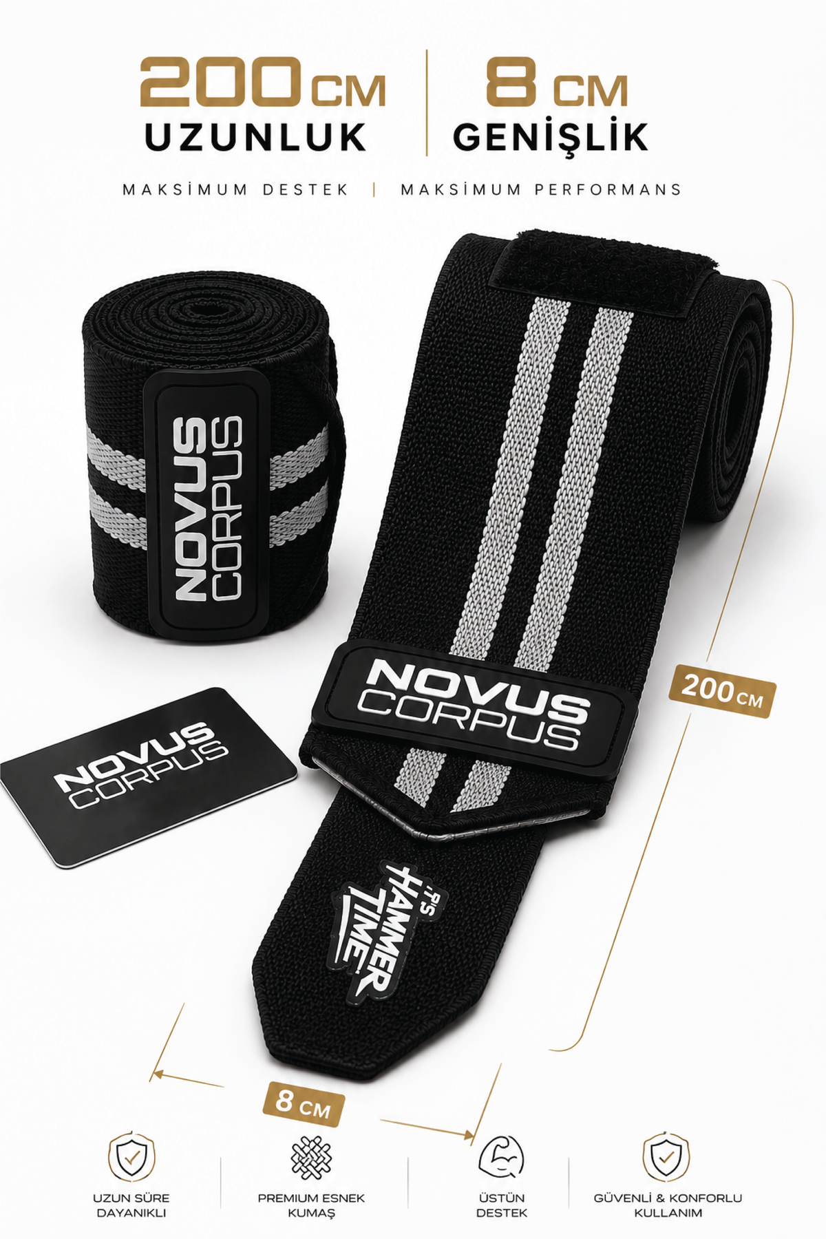 Novus Corpus Hammer siyah ve gri diz sargısı ölçüleri ve ürün detayları