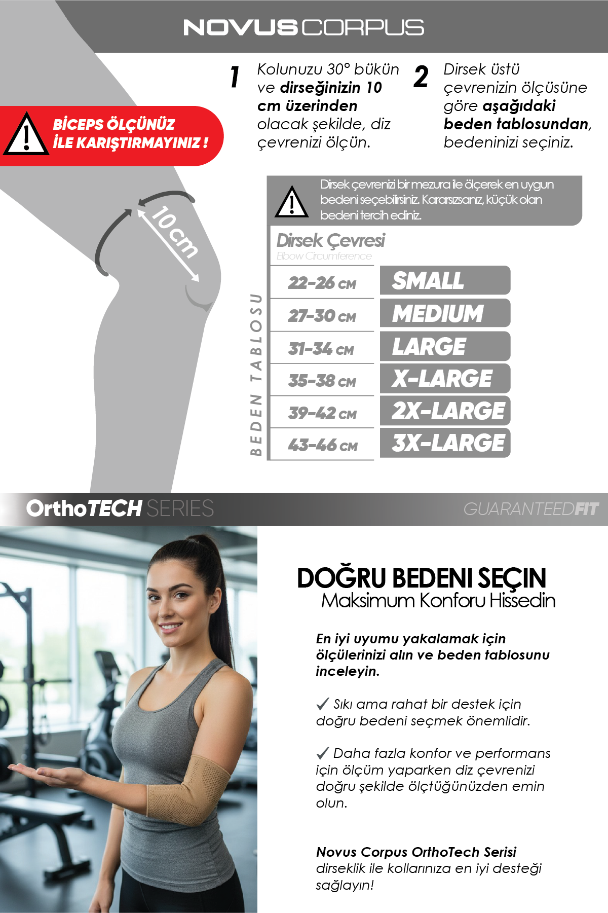 Novus Corpus OrthoTech örgü dirseklik ölçüm talimatı ve beden tablosu