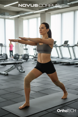 Spor salonunda Novus Corpus OrthoTech bej örgü dizliklerle egzersiz yapan kadın