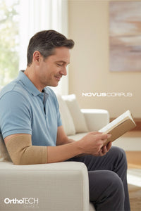 Evde kitap okurken Novus Corpus OrthoTech bej örgü dirseklik kullanan kişi