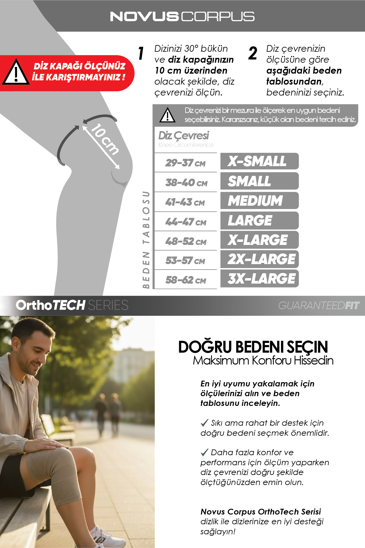 Novus Corpus OrthoTech örgü dizlik ölçüm talimatı ve beden tablosu