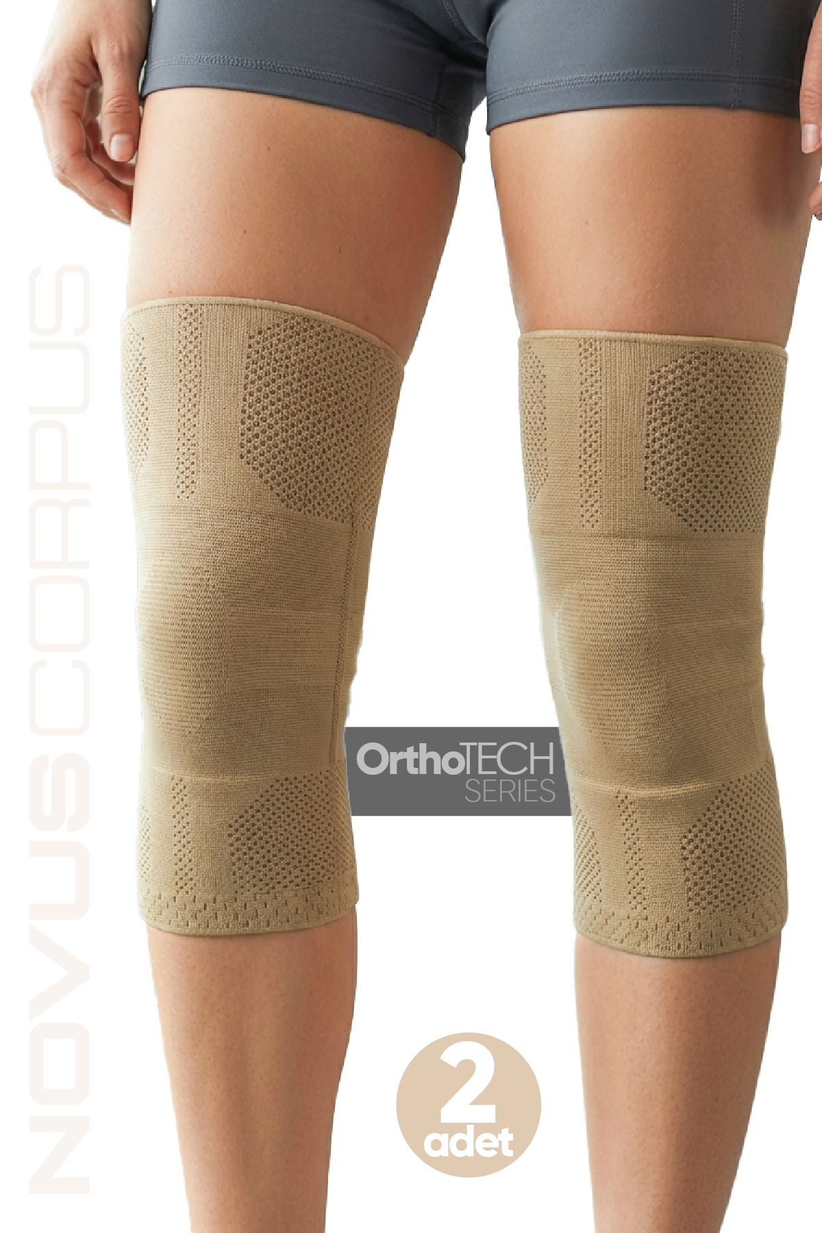 Bacak üzerinde Novus Corpus OrthoTech bej örgü dizlik çifti