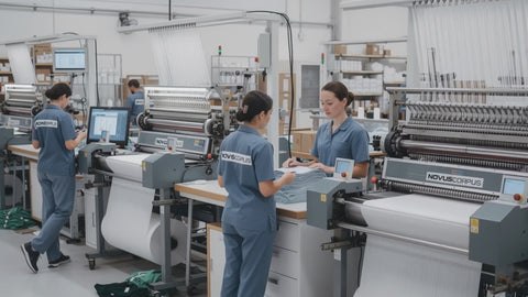 Novus Corpus üretim tesisinde tekstil makineleriyle çalışan ekip